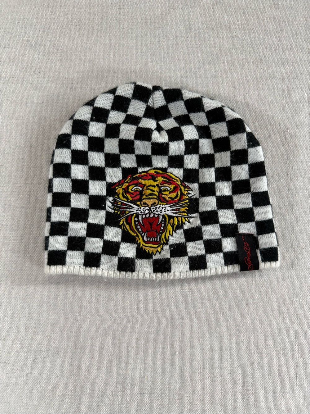 Y2K Ed Hardy Checkered Embroidered Beanie Hat Ed Hardy Tiger Embroidery Hat